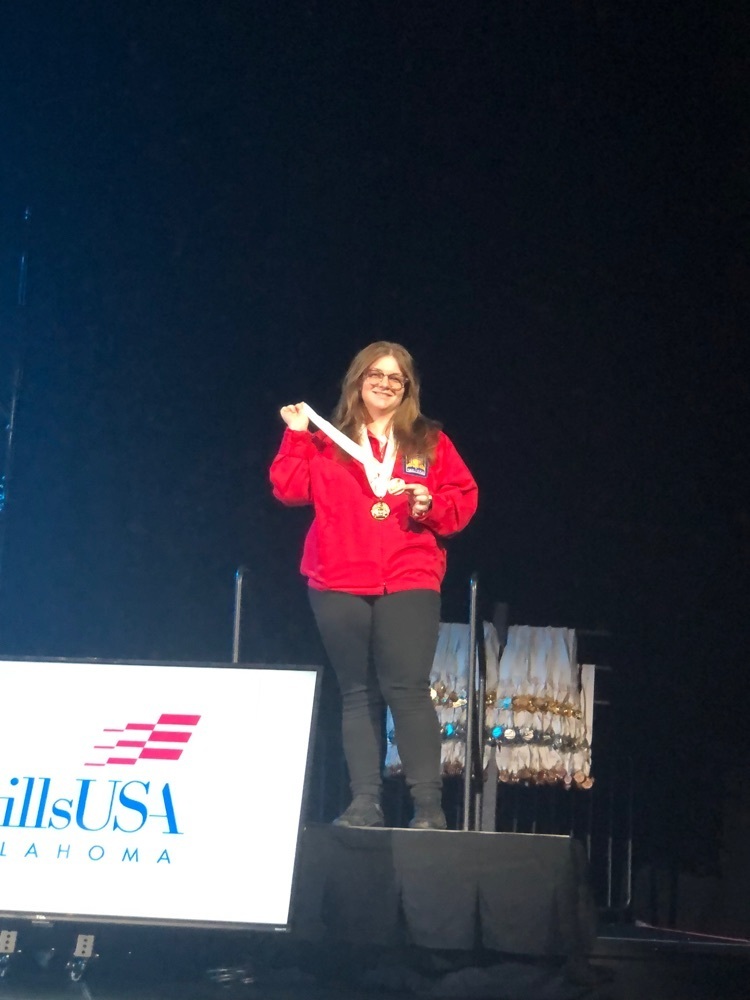 I wanted to acknowledge Sam Hopkins, a Calumet 2021 graduate. She won the Gold metal in her Culinary division at the OK State Vo-Tech SillsUSA Competition in Tulsa  